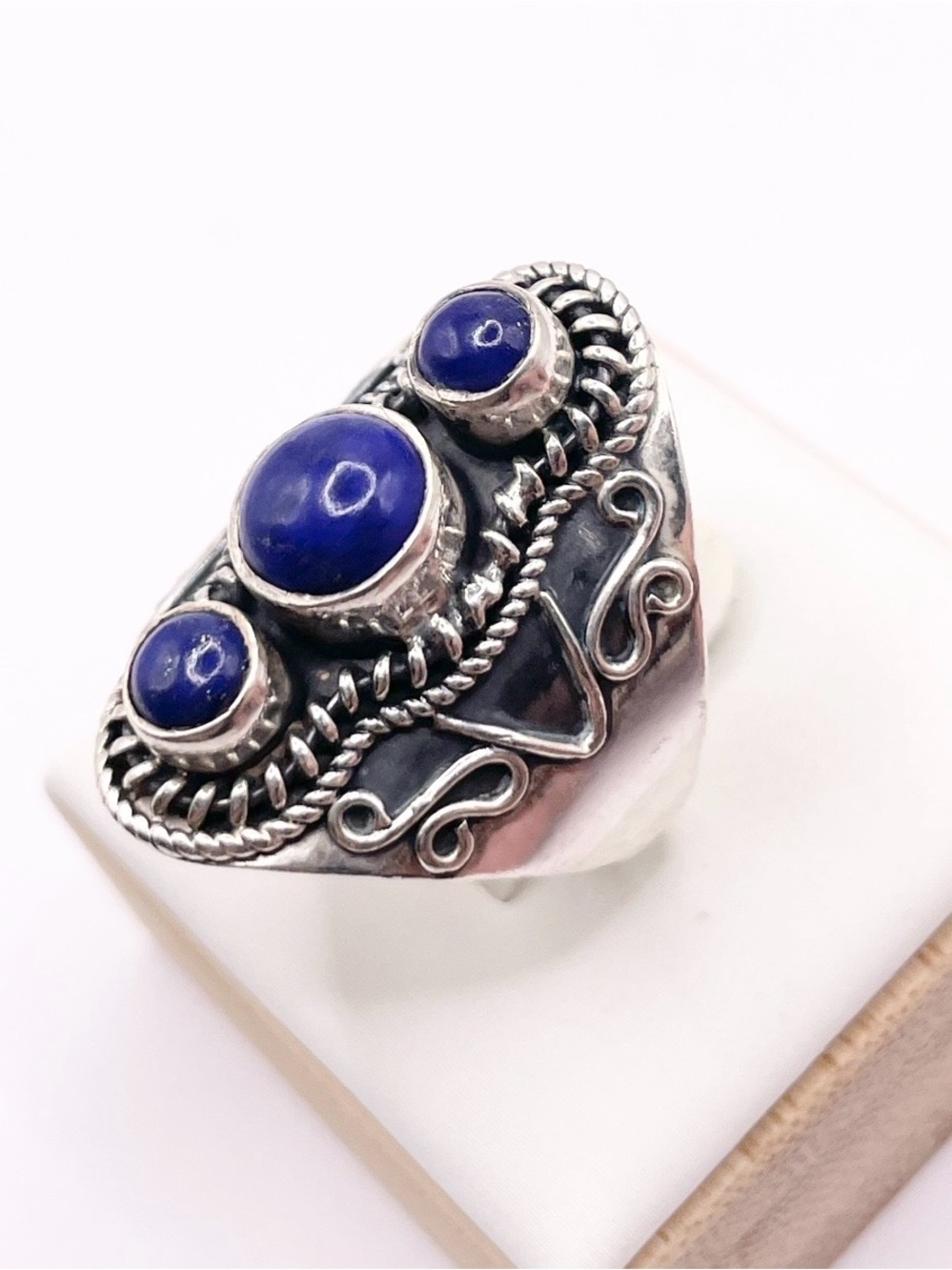 Size 9 925 Sterling Silver Blue Lapis Triple Cabochon Statement Ring - Picture 3 of 10
